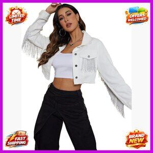 Crop Denim Jacket with Fringe, Size S, Cotton Blend, Casual Style